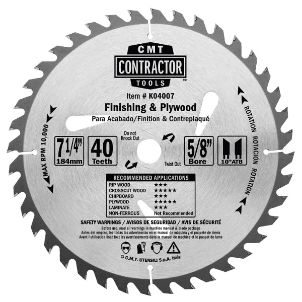 CMT K04007 ITK Contractor Finishing Saw Blade, 7-4 x 40 Teeth, 10¼ ATB with 5/8-Inch bore