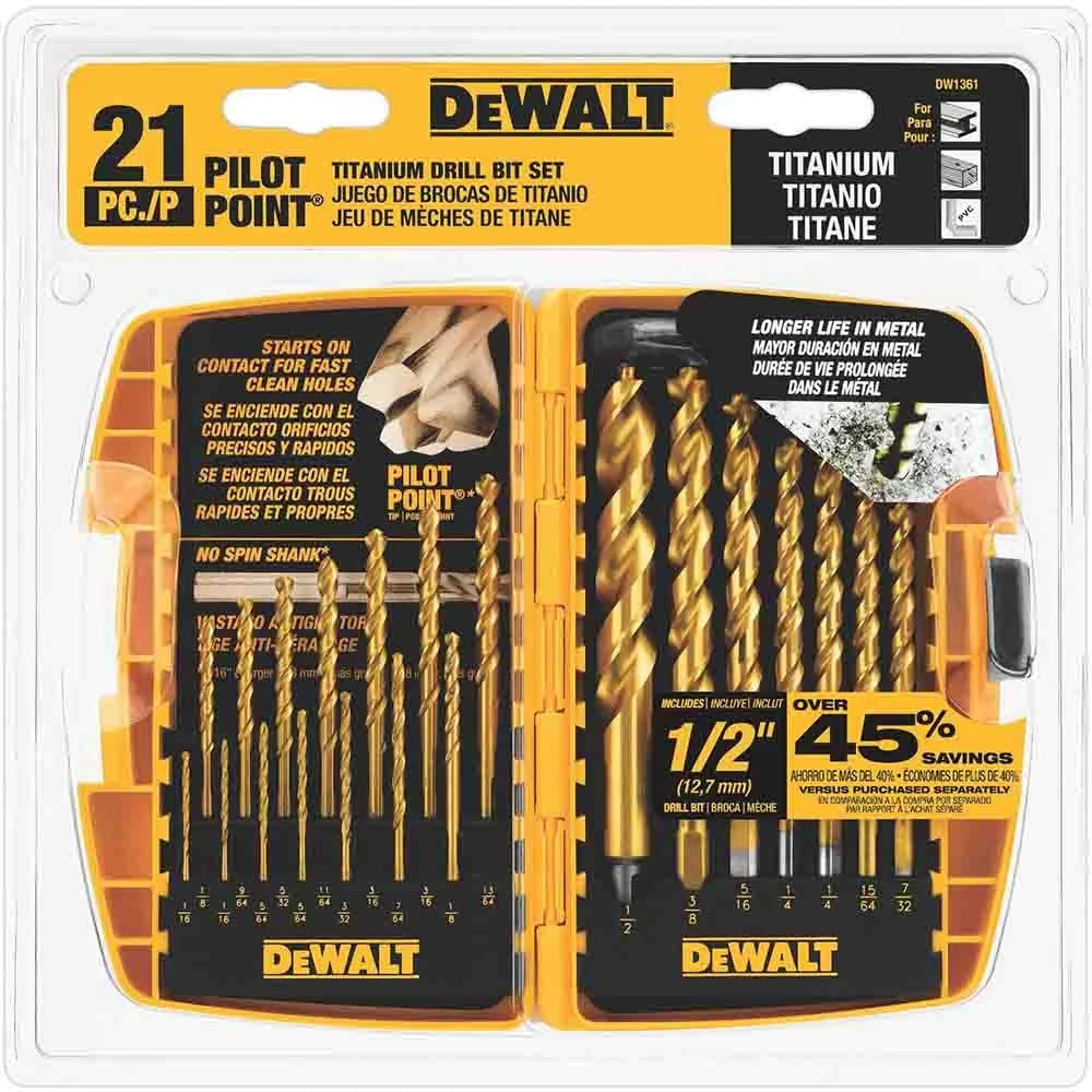 Dewalt Dw1361 21Pc Titanium Pilot Point Drill Bit Set