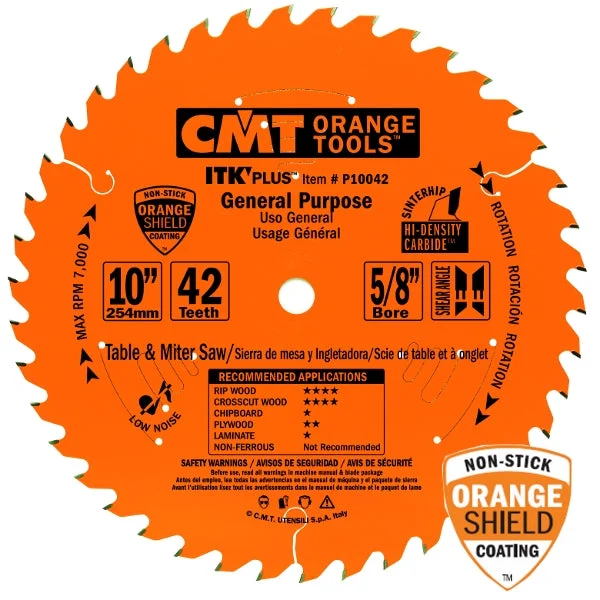 CMT P10042 ITK Plus General Purpose Saw Blade, 10 x 42 Teeth, 10Á ATB+Shear with 5/8-Inch bore
