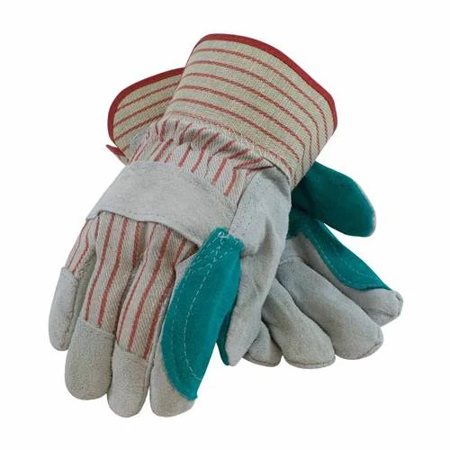 PIP 85-7512J "B/C" Grade Split Cowhide Gray & Red Striped Fabric Double Palm Jointed Inner Palm Rubberized Safety Cuff 6 Packs of (12)