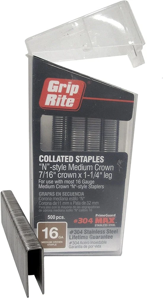PrimeSource MAXB64890 16-Gauge 7/16" Medium Crown by 1-1/4" 304-Stainless Steel Staples in Belt Clip Box (Pack of 500)