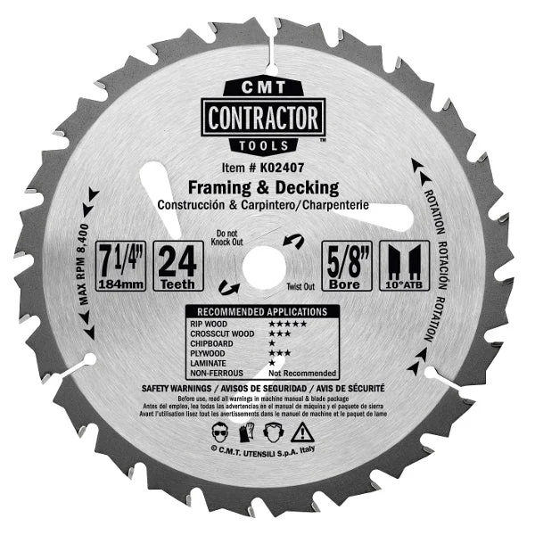 CMT K02408 ITK Contractor Framing/Decking Saw Blade, 8-1/1 X 24 Teeth, 10Á ATB with 5/8-Inch Bore