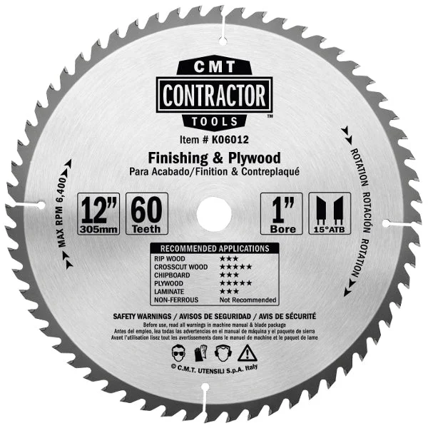 CMT K06012 ITK Contractor Finish & Plywood Saw Blade, 12 x 60 Teeth, 10¼ ATB with 1-Inch bore